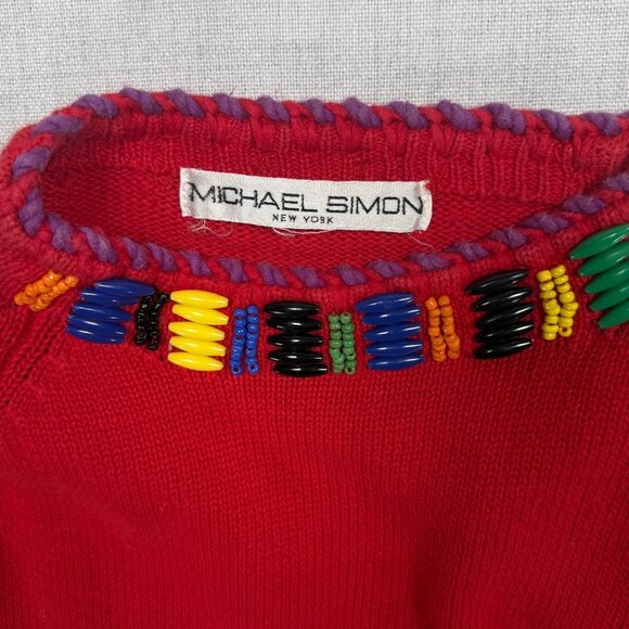 Vintage Michael Simons Embellished Beaded Sweater Red Tassel Knit Size Chest 39" - Picture 16 of 16